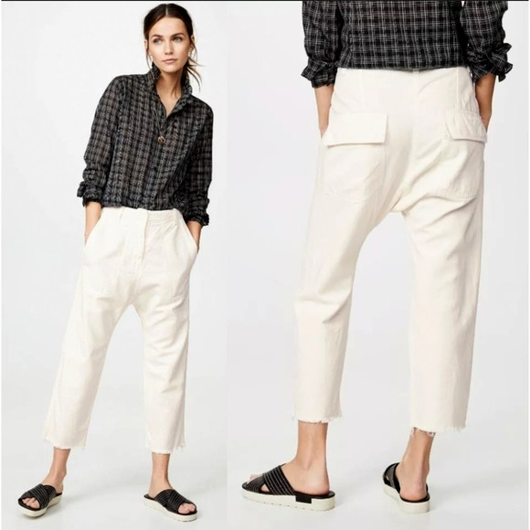 NEW Nili Lotan 2 Slouchy LINEN Luna Pants Drop Crotch Crop Cotton Eggshell White - Picture 1 of 7